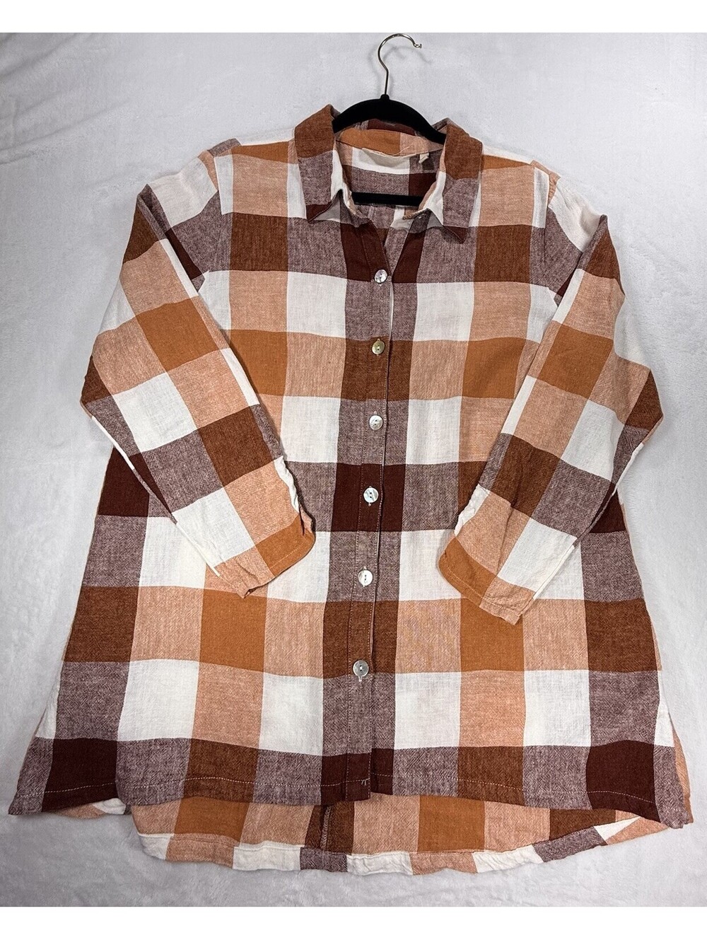 Soft Surroundings XL Linen Blend Plaid Tunic Shirt Rust Brown Button Front - Picture 3 of 13